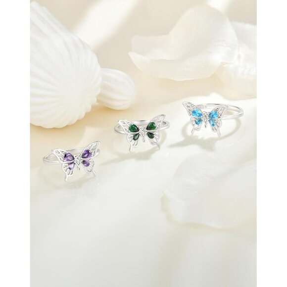 🆕 Women Green Big Butterfly Statement Ring Solid Sterling Birthstone Jewelry - Picture 2 of 7